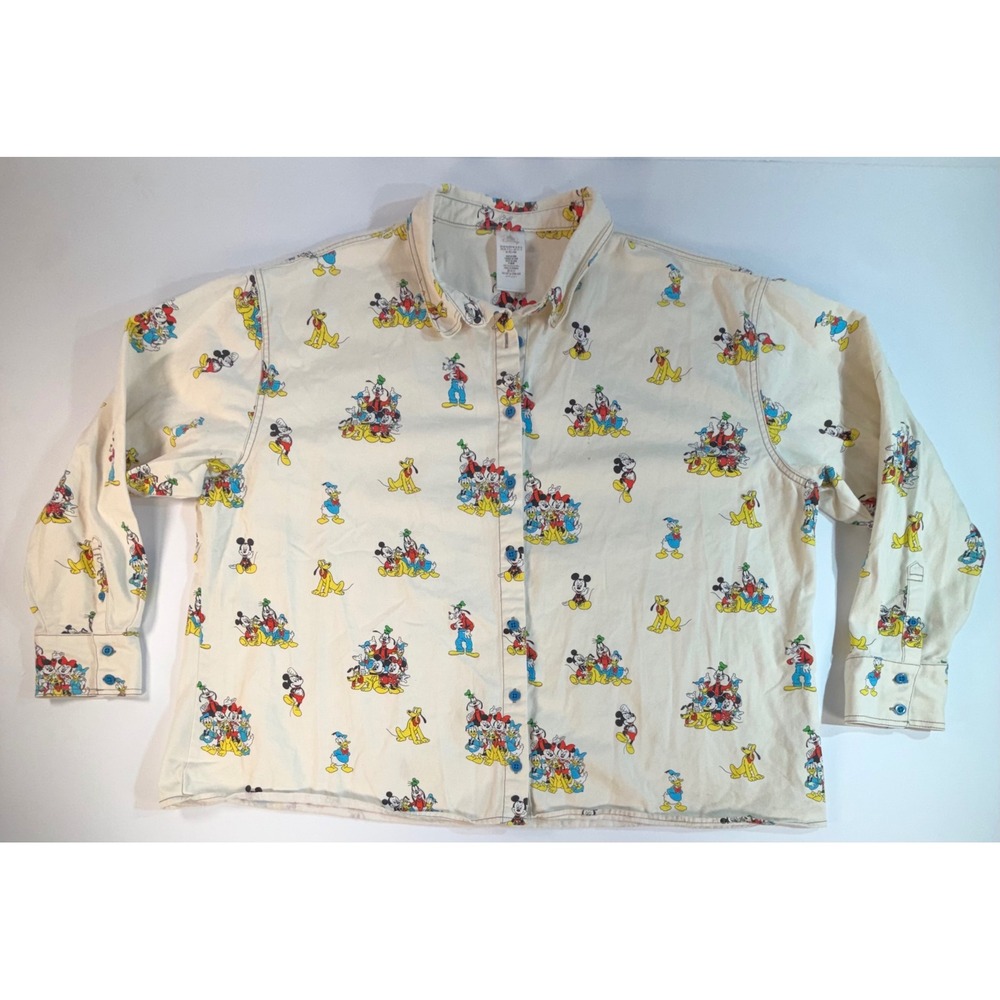 Disney Parks Mickey Mouse and Friends All Over Print Button Down Shirt Cream XL